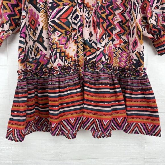 Zara Long Sleeve Mini Dress L Red Pink Geometric Tribal Print Button Front Boho - Picture 7 of 16